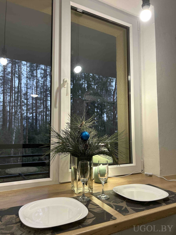 Два белых блюда на подставках, бокалы, еловая композиция и вид на лес через большое окно.