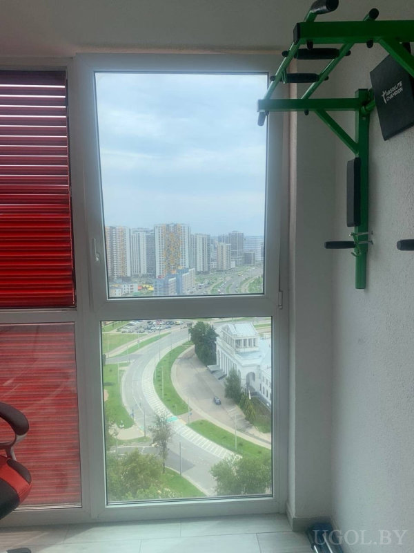 Панорама города с высоты: современные здания, классическое строение с колоннами и домашний турник на переднем плане.