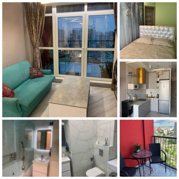 Серия фото: гостиная, спальня, кухня, санузел, ванная и балкон с видом на город.