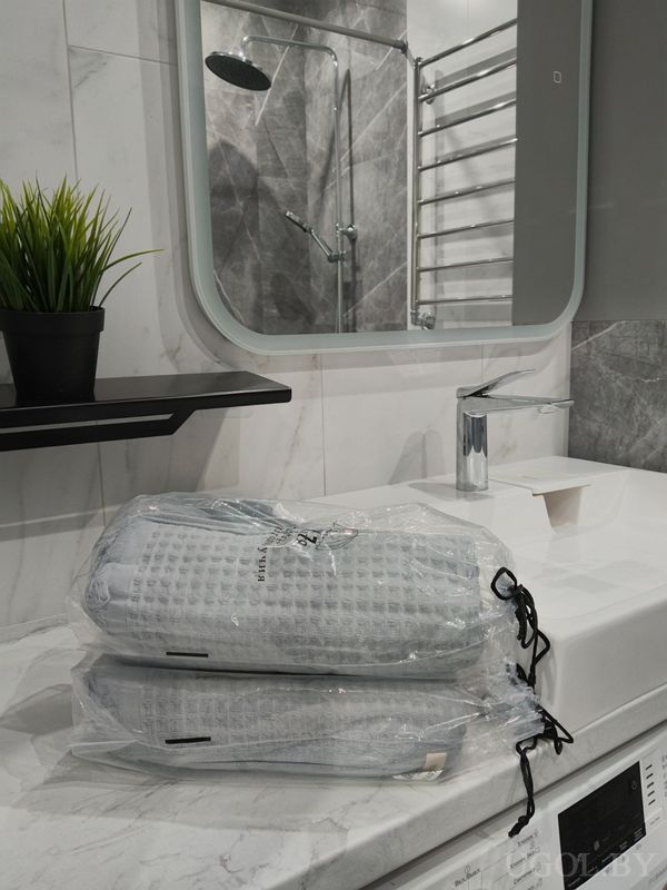 Зона умывальника с мраморной столешницей, зеркалом, полкой с растением и двумя упакованными халатами.