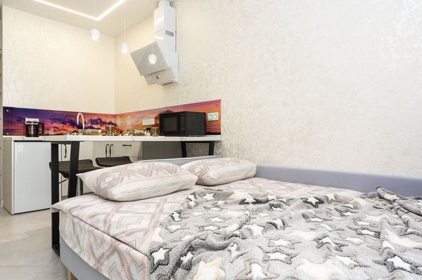 Функциональная студия с кроватью, кухней с фартуком-городом, барной стойкой и современной техникой.