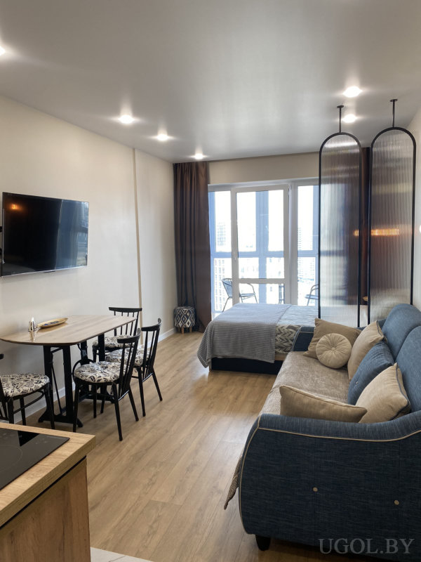 Кухня, стол и диван, кровать у окна, разделение вертикальными панелями, балкон с видом на город.