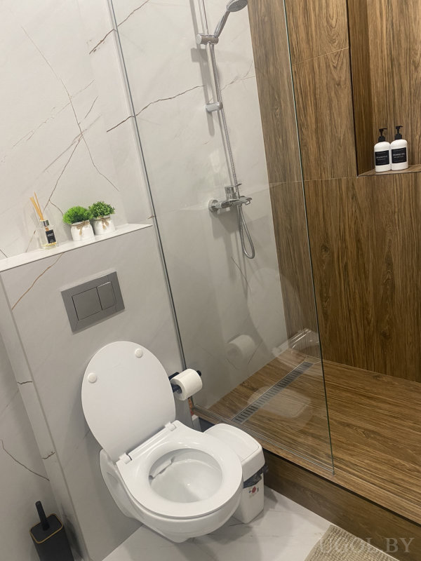 Туалет с открытой крышкой, душ с деревянной отделкой, полка с шампунем и гелем, растения и диффузор.