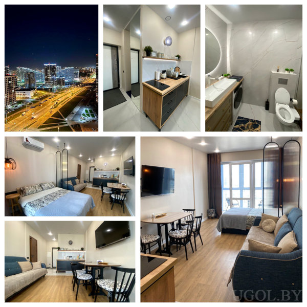 Ночной город и семь фото интерьера: кухня, ванная, спальни, гостиные и столовые зоны.