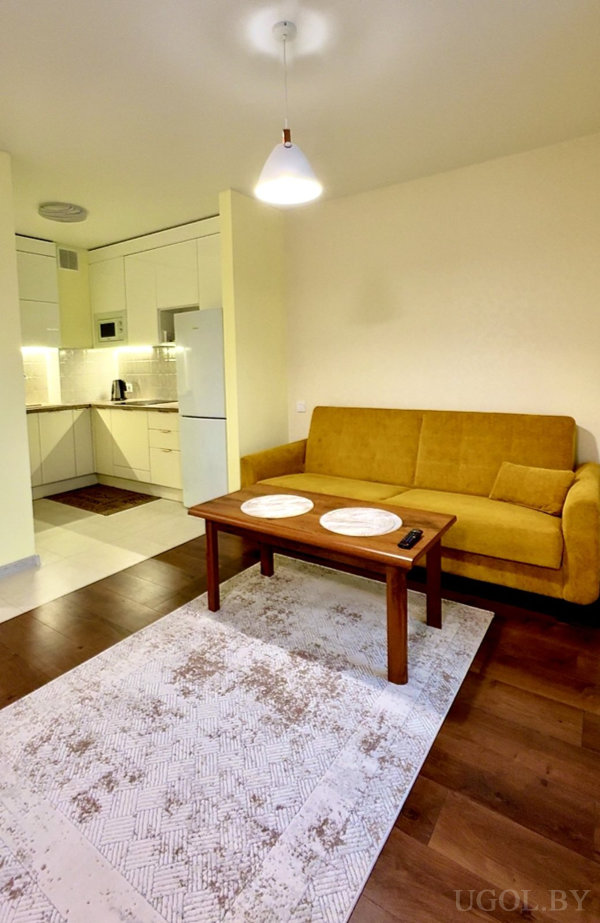 Интерьер с белой кухней, плиткой, диваном, столиком, ковром и комбинированным напольным покрытием.