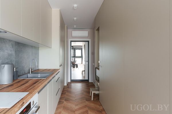 Минималистичная кухня с плитой, мойкой, деревянной столешницей и коридором с окнами на заднем плане.