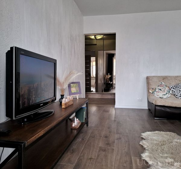 Гостиная с тёмным диваном, телевизором на тумбе, зеркальным шкафом и ковром на фоне светлых стен.