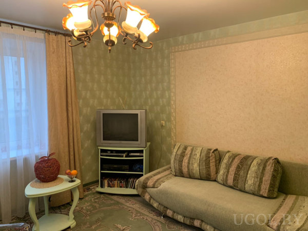 Комната с диваном, ковром с цветочным узором, телевизором, тюлем и люстрой на потолке.