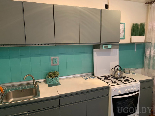 Интерьер с плитой, вытяжкой, раковиной, растениями, декором и белыми шторами у окна.