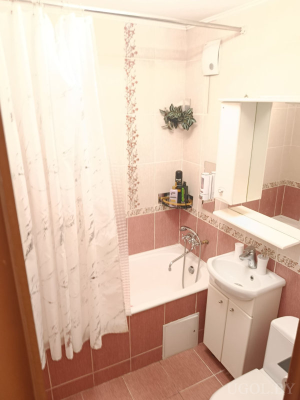 Ванна с занавеской, раковина с зеркалом, унитаз, декоративная плитка с цветами и полка с косметикой.