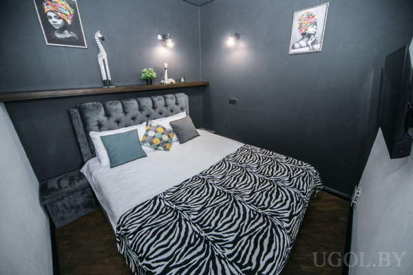 Кровать с серым изголовьем и зебровым покрывалом, разноцветные подушки, полка с декором, тёмные стены с портретами, напротив телевизор и тёмный деревянный пол.