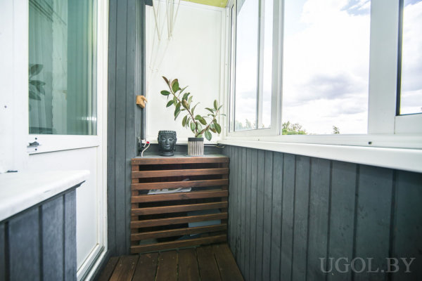 Небольшая лоджия с деревянным полом и панелями, шкаф с декоративной головой Будды и растением, стеклянные окна с видом на улицу.