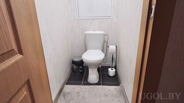 Центрально расположенный унитаз с держателем для бумаги, ёршиком и мусорным ведром на фоне светлых стен и тёмного пола.