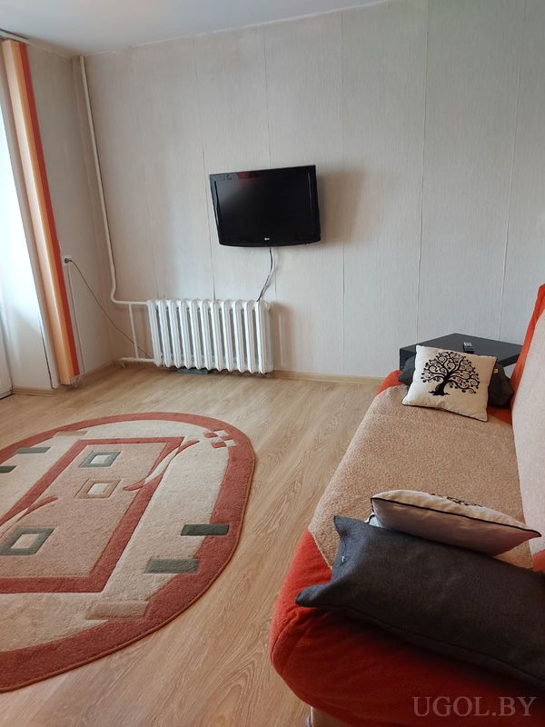 Комната с диваном, телевизором, ковром с узором, светлыми стенами и окнами с жалюзи.