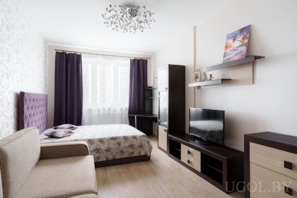 Комната с кроватью, диваном, телевизором, полками с декором, люстрой и окнами с фиолетовыми шторами.