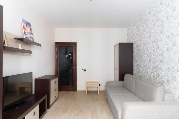 Интерьер с диваном, телевизором, полками с декором, серыми обоями и проходом в коридор.