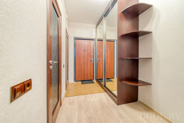 Зона с входной дверью, зеркальным шкафом, полками, ковриком и светлым покрытием пола.