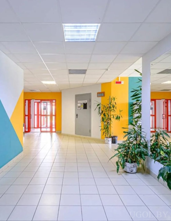 Проход с плиткой, яркими стенами, растениями, дверью с табличкой и стеклянными дверями в конце.