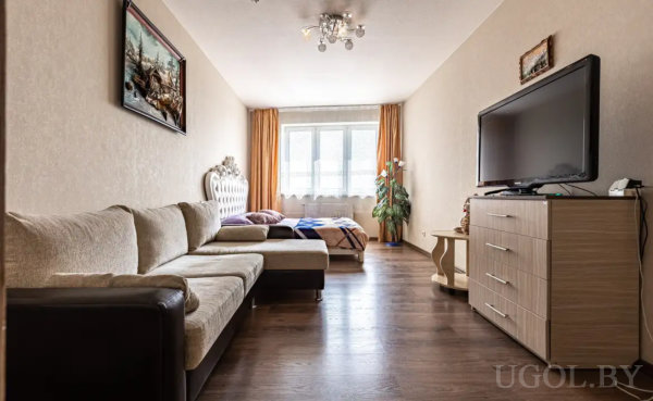 Интерьер с диваном, кроватью, телевизором на светлой тумбе, растением у окна и потолочным светильником.