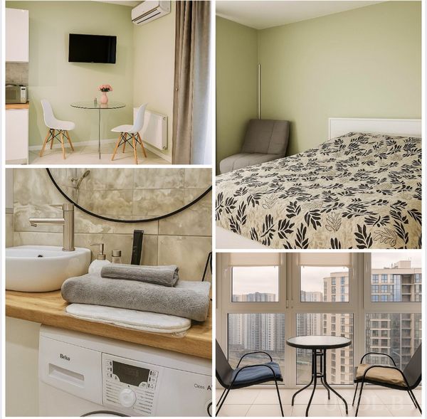 Четыре фото: обеденная зона, кровать, балкон с креслами и умывальник с машиной Beko на фоне плитки.