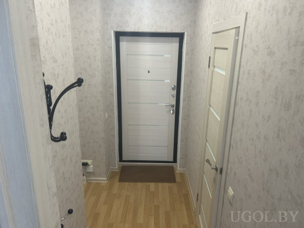 Светлая отделка, чёрная вешалка, коврик и розетка с удлинителем, двери с горизонтальными вставками.