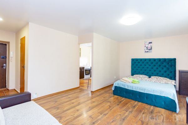 Студия с кроватью в бирюзовом изголовье, светлым диваном, деревянным полом и кухней в нише.