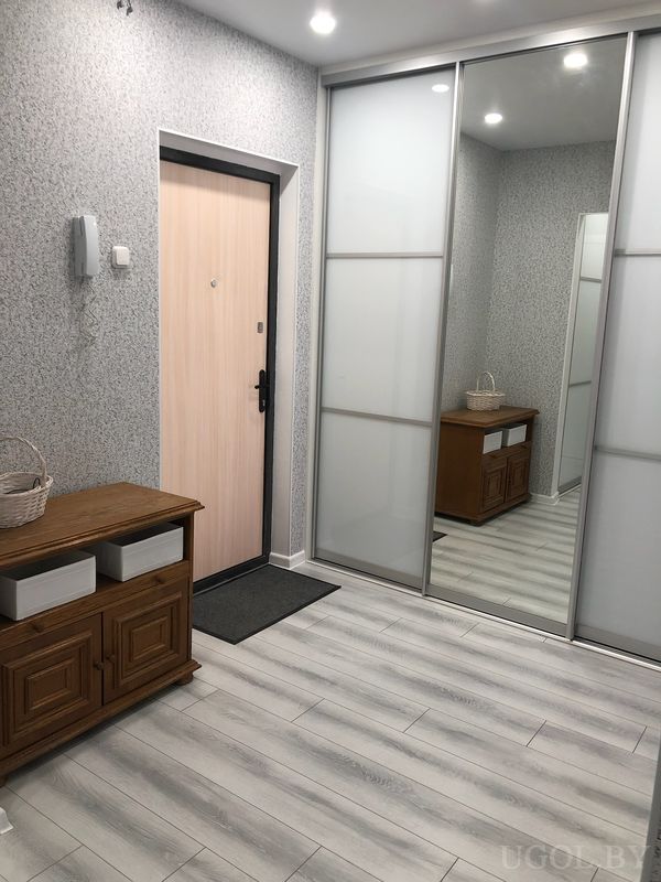 Интерьер с входной дверью, ковриком, тумбой с корзинами, зеркальным шкафом и серыми стенами.