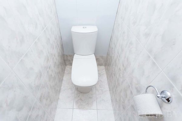 Небольшой туалет с белым унитазом, светлой плиткой с мраморным узором и держателем для бумаги.