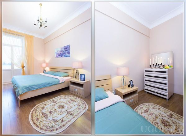 Две перспективы спальни с бирюзовым покрывалом, тумбочками с лампами, ковром с узором и белым комодом с зеркалом.
