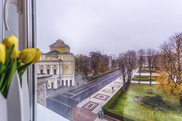 Вид из окна с букетом жёлтых тюльпанов на подоконнике, широкой улицей, жёлтым зданием театра и парком.