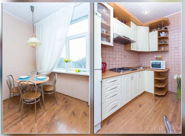 Две перспективы кухни и столовой: слева круглый стол у окна с цветами, справа кухня с белыми шкафами и плитой.