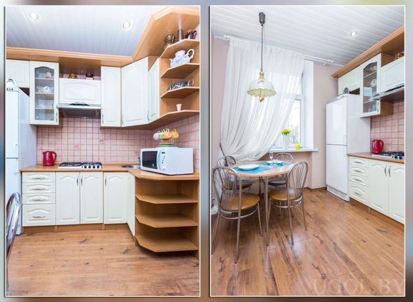 Две перспективы кухни: слева белые шкафы, плита и холодильник, справа обеденная зона с круглым столом и жёлтыми цветами на подоконнике.