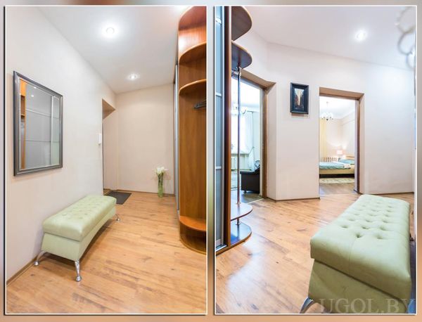 Современный коридор с зелёной скамьёй, зеркалом в виде решётки, recessed‑подсветкой и видом в спальню.