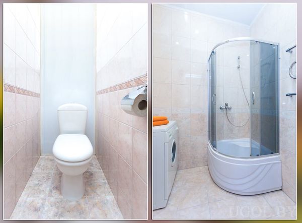 Два вида ванной: слева узкий туалет с белым унитазом, справа душевая кабина и стиральная машина с полотенцами.