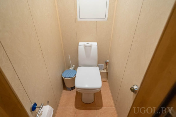 Белый унитаз, держатель для бумаги, щётка, мусорное ведро и прямоугольное окошко над бачком.