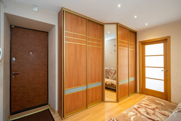 Тёмная входная дверь, шкаф с зеркалом и матовыми вставками, светлый ламинат и отражение дивана.