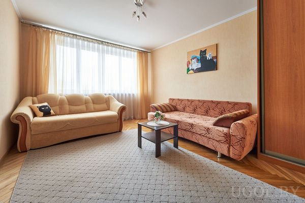 Комната с бежевым и коричневым диванами, журнальным столиком и картиной Коты на стене.