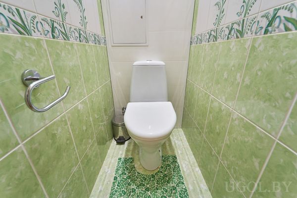 Узкий туалет с зелёной плиткой, унитазом и декоративным узором на стенах.