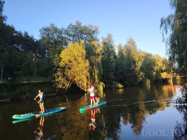 Два человека на сапбордах, один с собакой. Река в окружении зелени, отражения в воде и мягкий свет — утро или вечер.