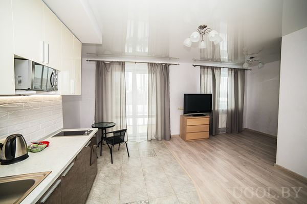 Минималистичная студия с кухонной зоной, круглым стеклянным столом и телевизором напротив окна.