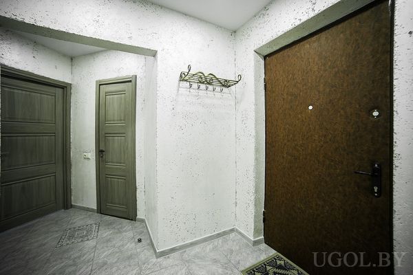 Небольшая прихожая с входной дверью, двумя серыми межкомнатными дверями и вешалкой для одежды.