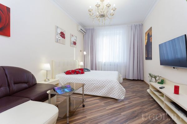 Кровать с белым покрывалом, кожаный диван, журнальный столик, картины с красными цветами и телевизор на белой тумбе.