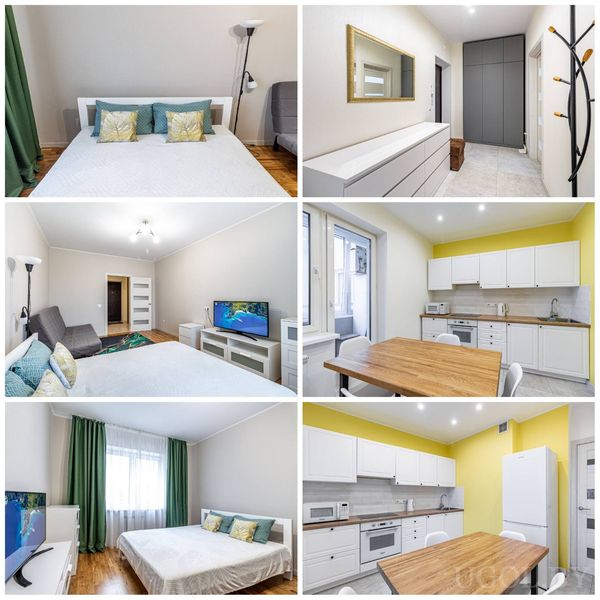 Шесть фото: спальня с зелёными акцентами, кухня с жёлтыми стенами, гостиная с серым диваном и прихожая с зеркалом.