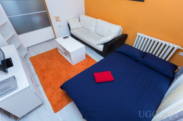 Комната с диваном, кроватью, рабочим столом с ноутбуком и оранжевым ковром.