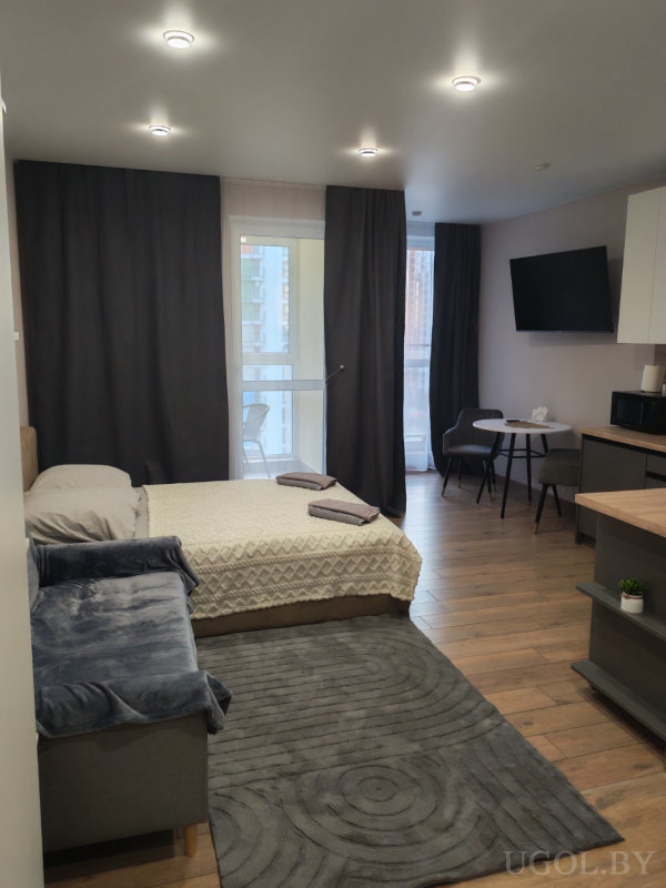 Функциональное пространство с кроватью, диваном, кухонным уголком, столом и телевизором на стене.