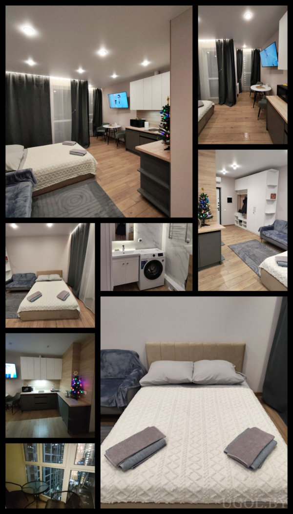 Серия фото с кроватью, кухней, ванной, балконом и новогодним декором, демонстрирующая весь интерьер.