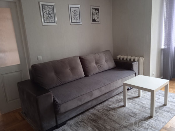 Светлая комната с серым диваном, белым столиком, ковром и тремя черно-белыми картинами на стене.