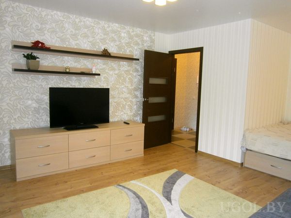 Современная гостиная с флористическим акцентом на стене, ТВ на комоде и ковром с мягкими линиями.