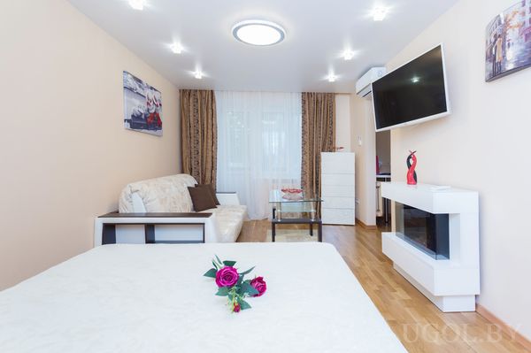 Светлая студия с кроватью, букетом роз, белым диваном, телевизором над камином и большими окнами с шторами.