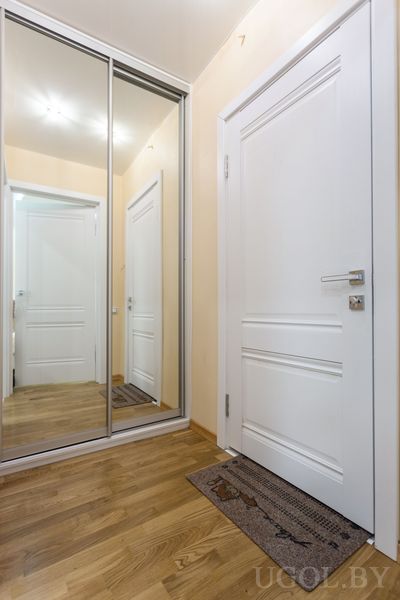 Светлый коридор с деревянным полом, белыми дверями и большим зеркальным шкафом‑купе.